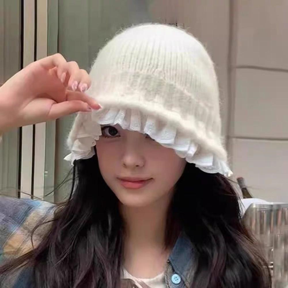 Lace Trim Women Bucket Hat Solid Color Beanie Hat Retro Knitted Fisherman Hat  Women