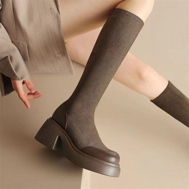 Fashion Elegant Heeled Round Toe Ladies Knee High Shaft Shoes Autumn Winter Platform Women's Long Boots Elastic Comfortable Boot Sale