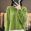 2023 Women's Long Sleeve Wool Knit Pullover - Loose Fit, Round Neck, Solid Color, Autumn/Winter Jacquard Style