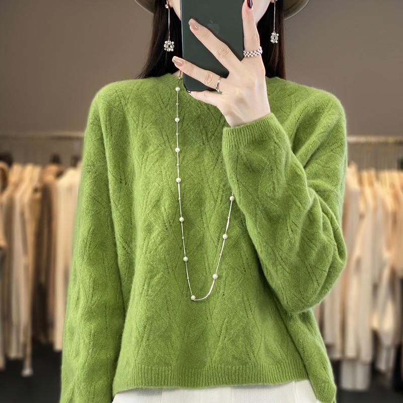 2023 Women's Long Sleeve Wool Knit Pullover - Loose Fit, Round Neck, Solid Color, Autumn/Winter Jacquard Style