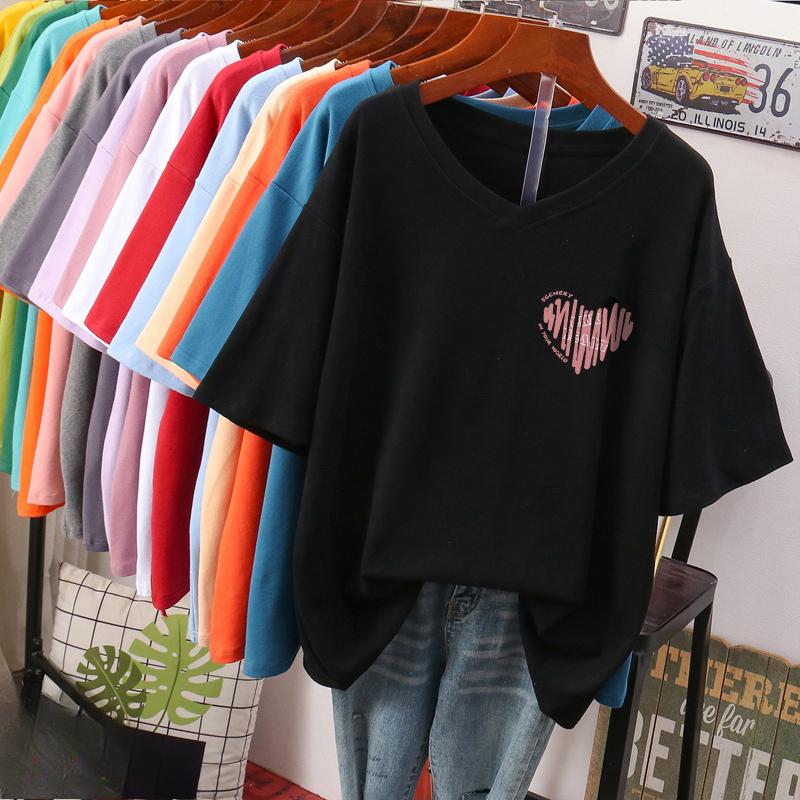T-shirt a maniche corte, Ampia, Top V-neck stampato snellente per donna
