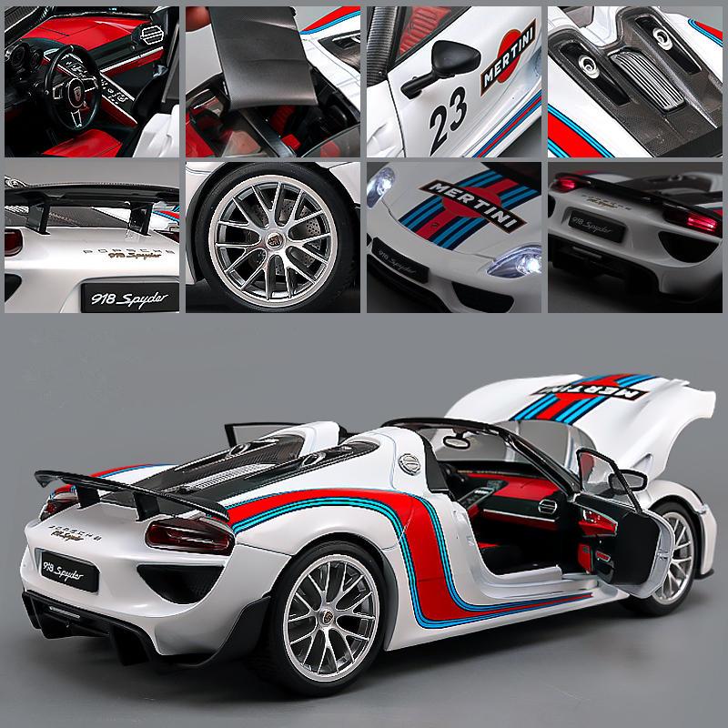 Porsche 918 Spyder Martini Sportwagen-Modell im Maßstab 1:18 aus Metallguss, mit Sound und Lichteffekten – ein tolles Geschenk für Kinder!