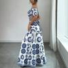 Summer new European and American holiday style one-word shoulder printing long dress women's waist design dress