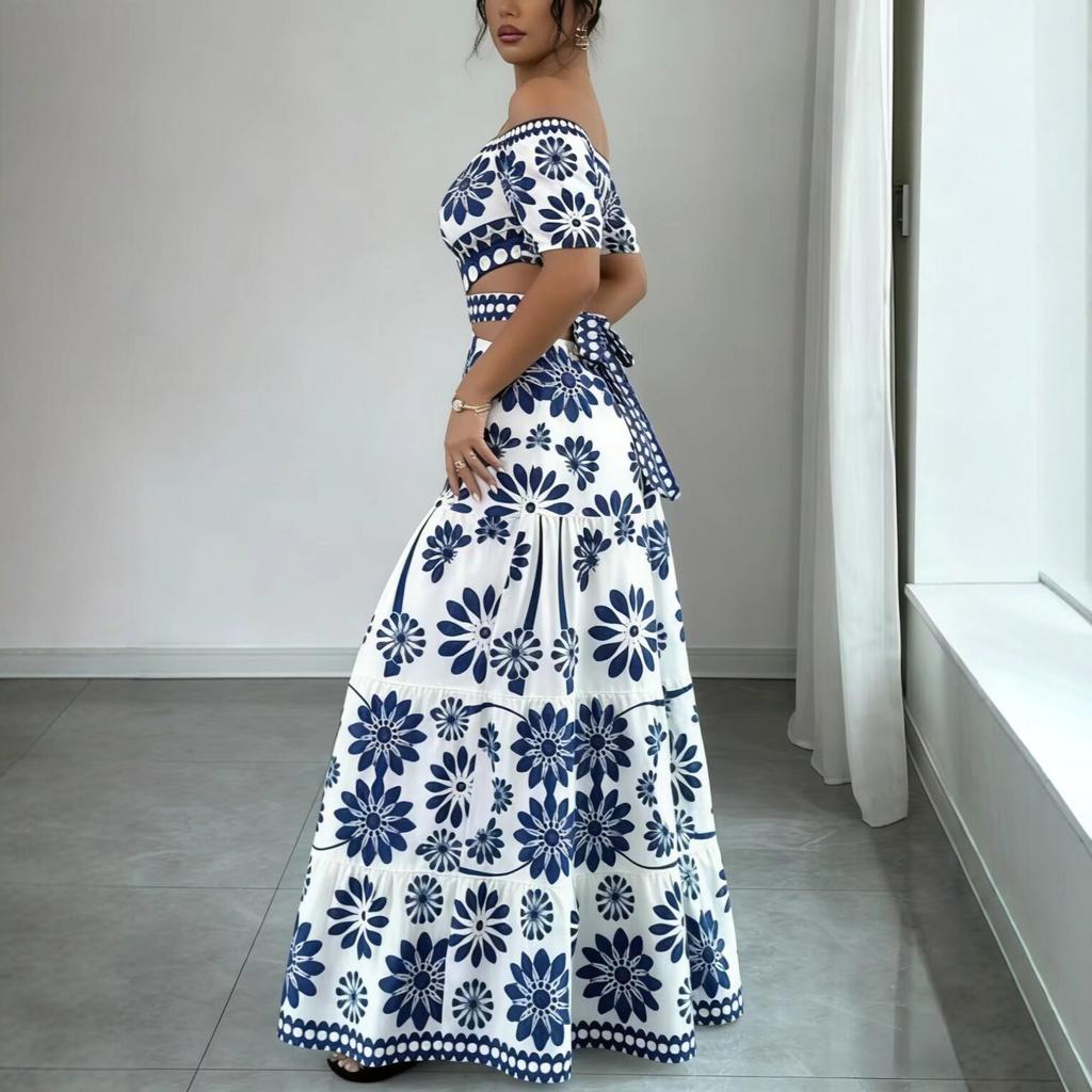 Summer new European and American holiday style one-word shoulder printing long dress women's waist design dress