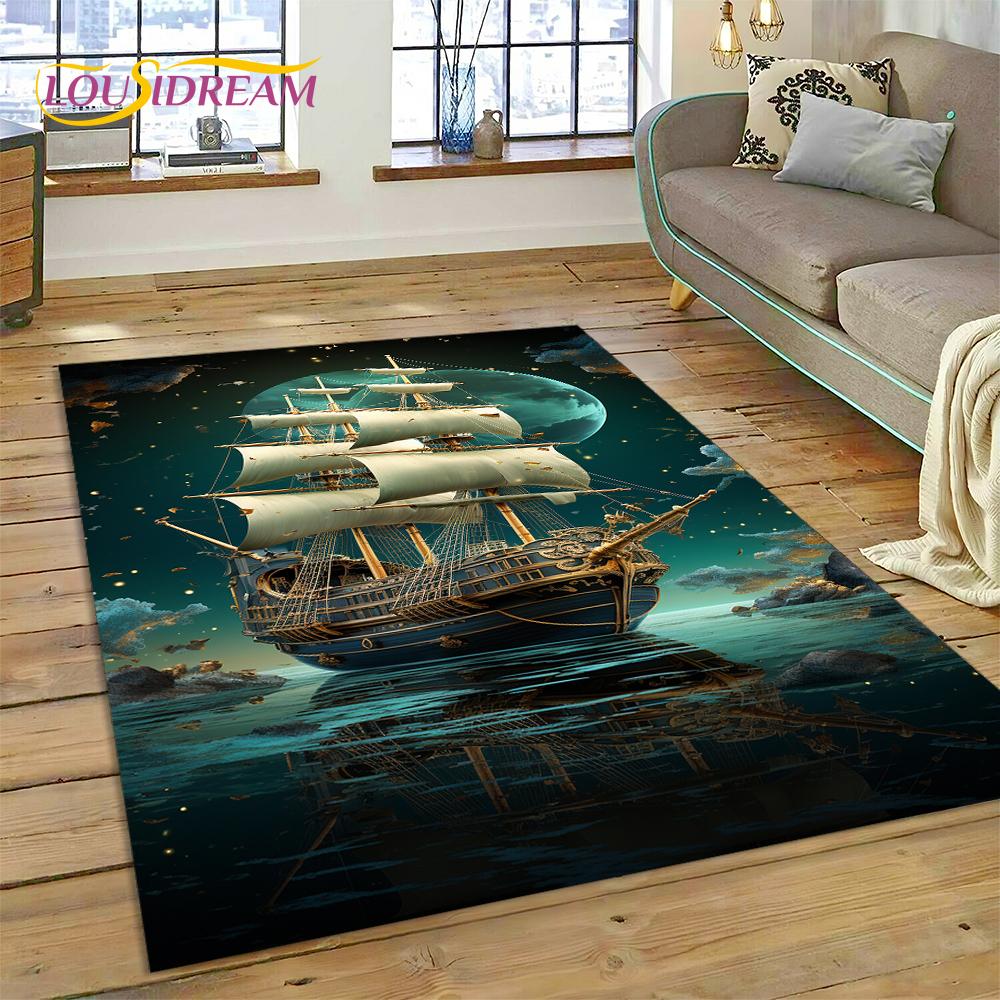 Ancient Pirate Ship Boat,Barque,Sailboa Rug Carpet for Living Room Bedroom Decor,Floor Mat Non-slip Decoration for Sofa Doormat