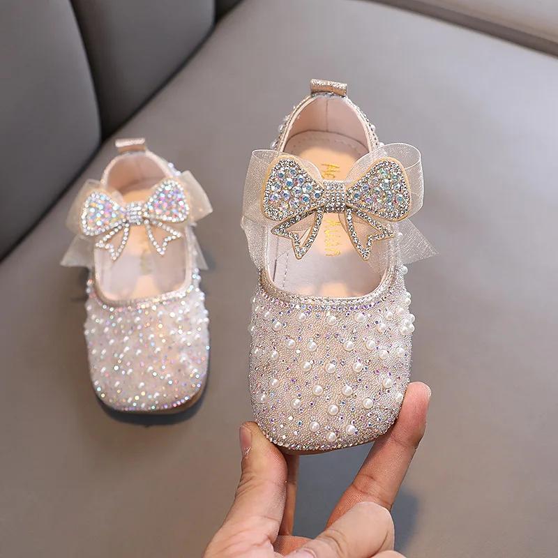 Spring Children's Lace Bow Princess Shoes Girls Bling Square Toe Leather Shoes New Kids Soft-Soled Versatility Stage Shoe I06198