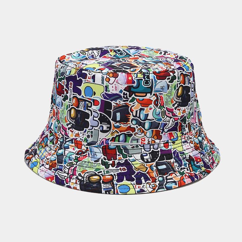 Cartoon Anime Fishman Flat Top Bucket Hat With Breathable Cotton For Spring Summer Casual Wear