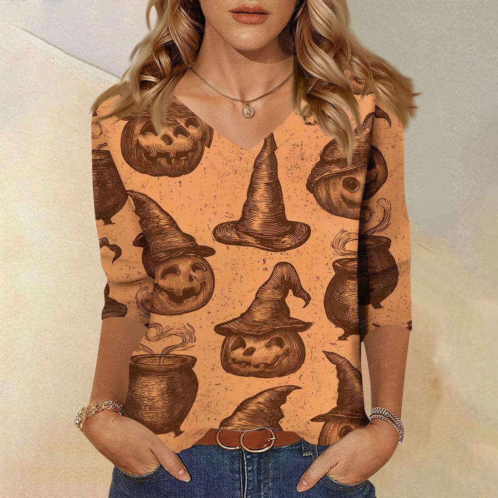 Women's Casual Halloween Print V Neck Three Quarter Sleeve Top Lightweight Soft Fabric Comfortable Fit Stylish Fall Shirt