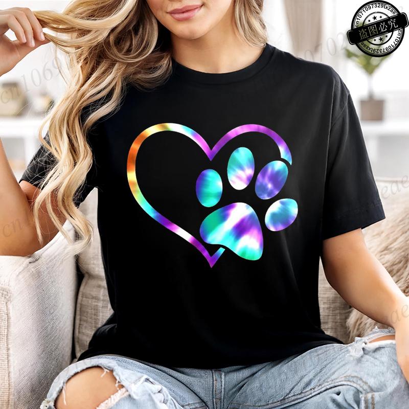 

Summer T-shirt Fashion Heart Dogs Paw Print Casual Tops Colorful Heart Paws Printed Tops Cartoon Graphic Printed Tees Black Tops XXS