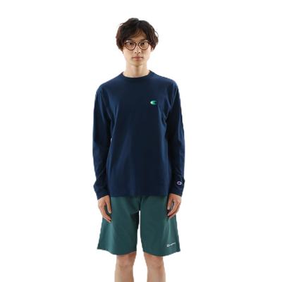 Champion Long Sleeve Long Crew Men's T-Shirt, Navy, Sleeve, Neck, 100% Cotton, One-Point Logo, Basic, C3-Z413
