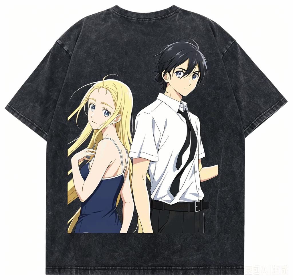 2026 Summertime Rendering Shinpei & Ushio Print T-shirt Black Washed Oversized Cotton Casual Streetwear Tee For Fans