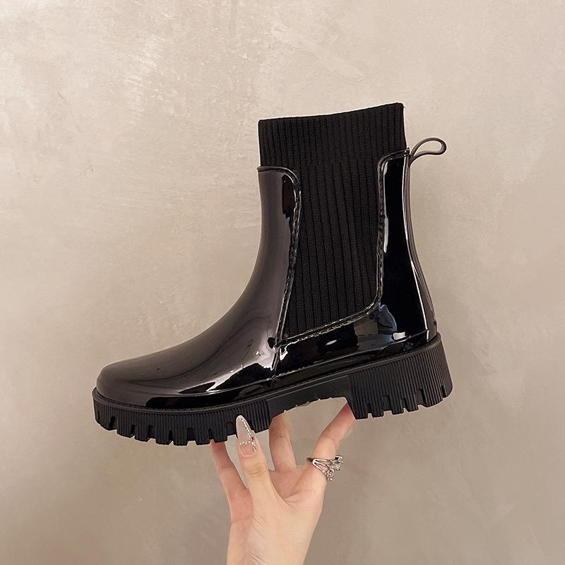 2025 Women's Fashion Elastic Band Waterproof Rain Boots - Thick Sole, Solid Color, Non-Slip & Versatile Casual Galoshes