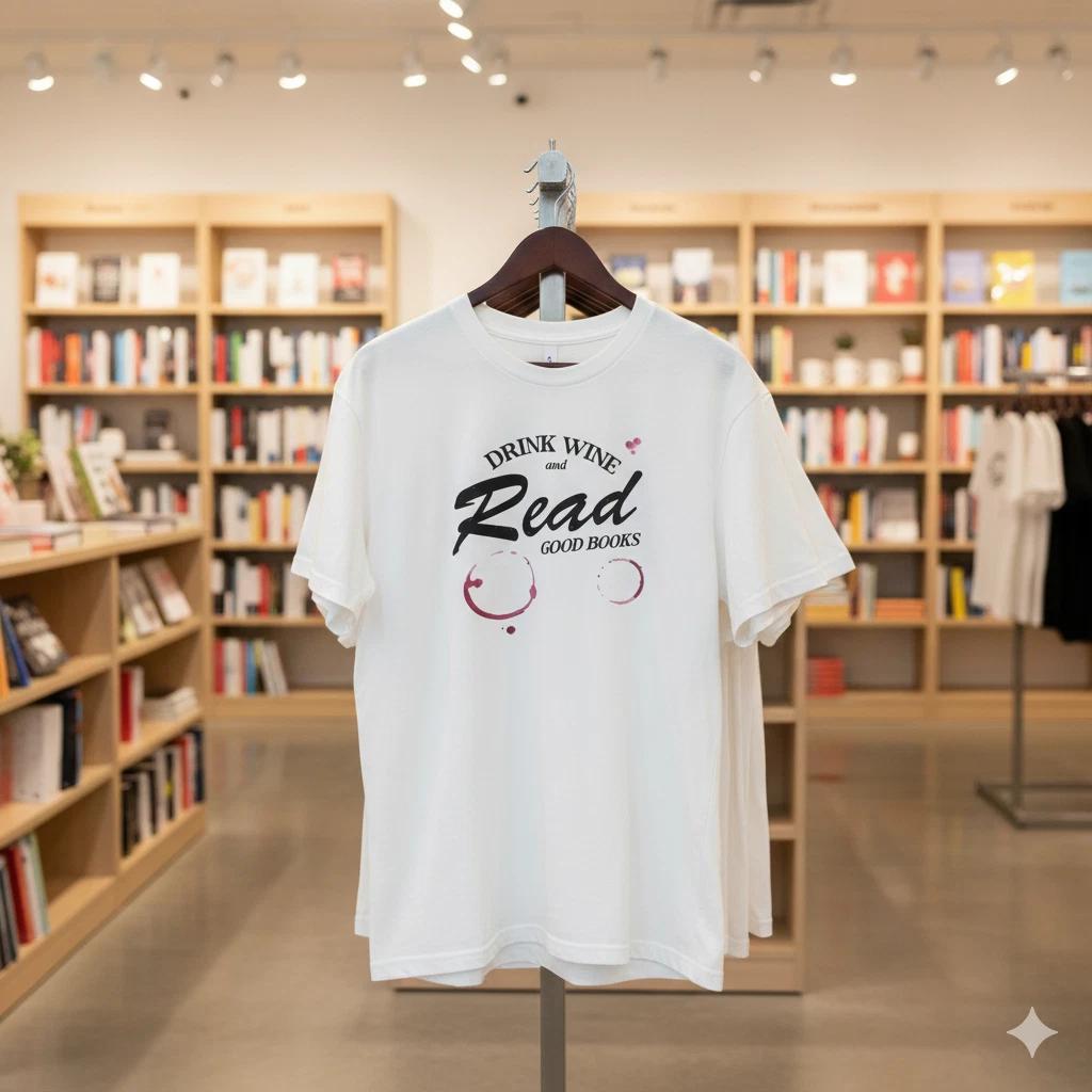 

Drink Wine Read Good Books Unisex Graphic T-Shirt Book Lover Tee - S190 M