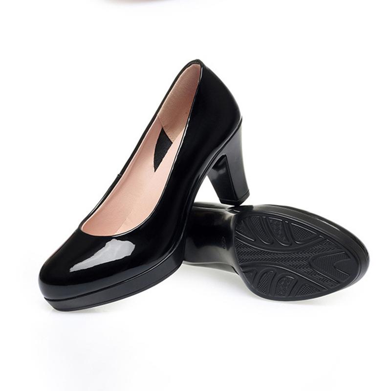 women Shallow Mouth Single Shoes Round Toe Thick Sole Non-slip Black Thick High Heel Work Shoes