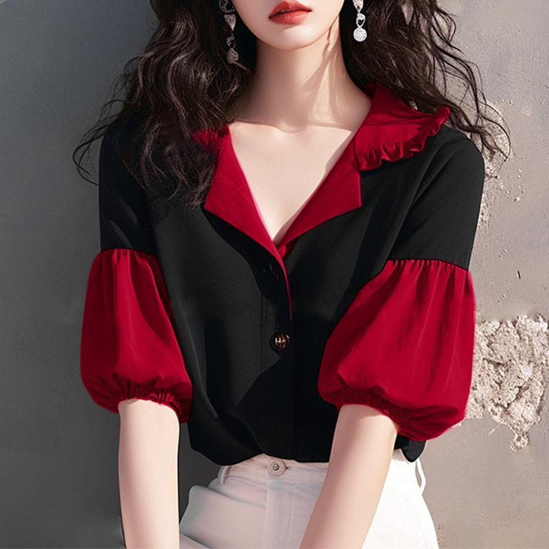 

VONDA Женские летние блузки с короткими рукавами и оборками на лацканах 5XL красный