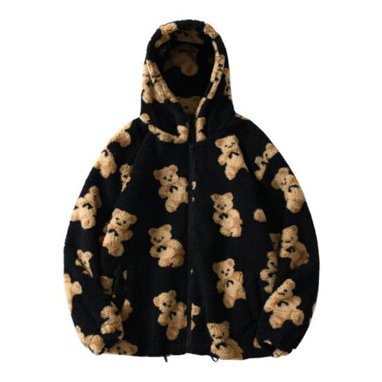 Women Winter Coat Plush Thermal Outwear Stylish Casual Bear Print Lady for Travel
