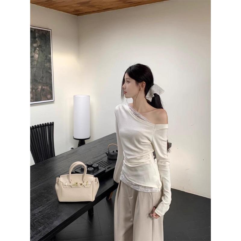 Oblique Shoulder Sexy Long-Sleeve T-Shirt - Early Autumn Slim Fit