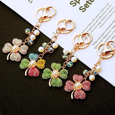 Diamond-encrusted Pearl Four-leaf Clover Car Keychain, Metal Women's Bag, Pendant, Crystal String, Key Chain Ring