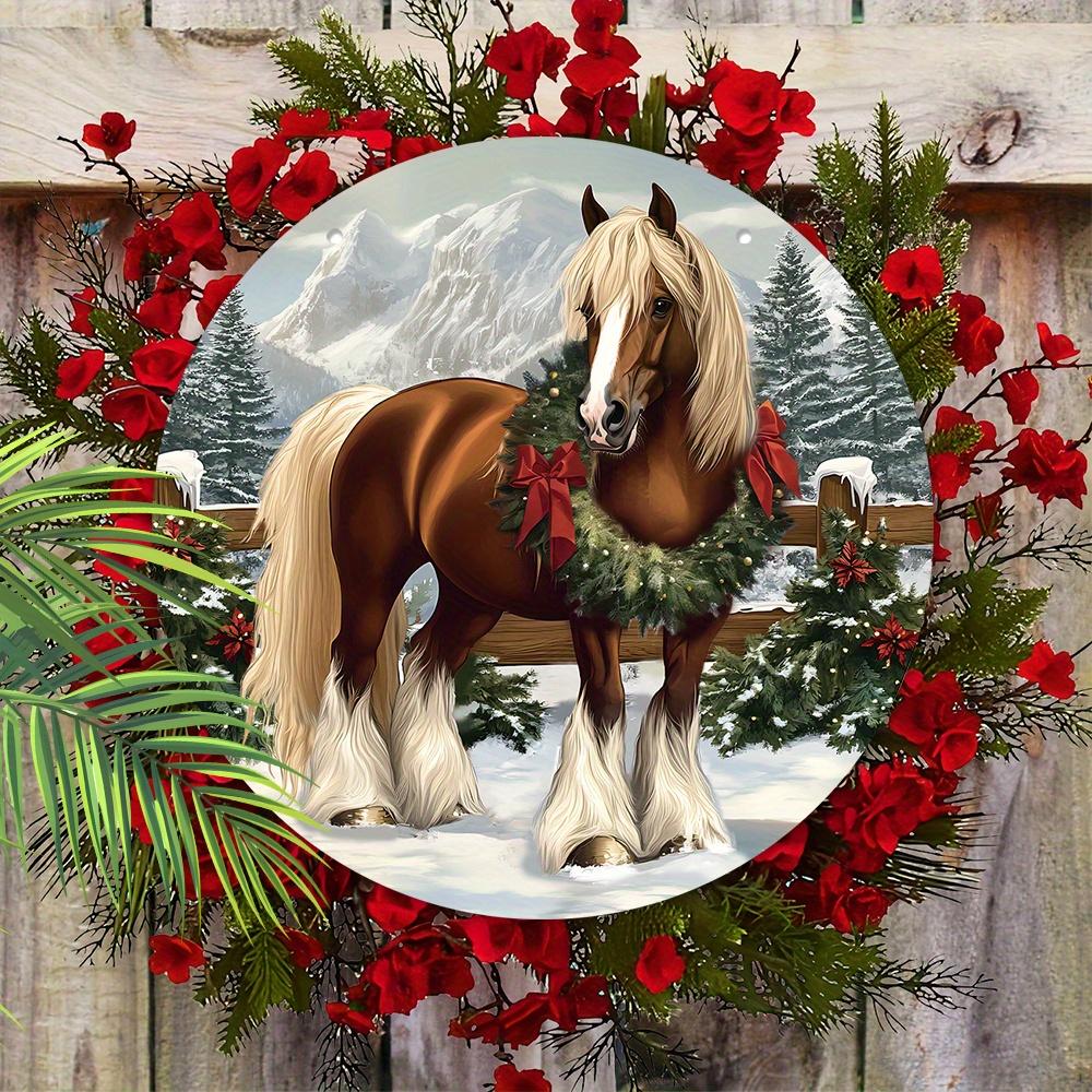 Warm Winter Christmas Wooden Sign with Horse Pattern - Navidad Round Sign for Front Door Wall Hanging Decor - Ideal Christmas Gift