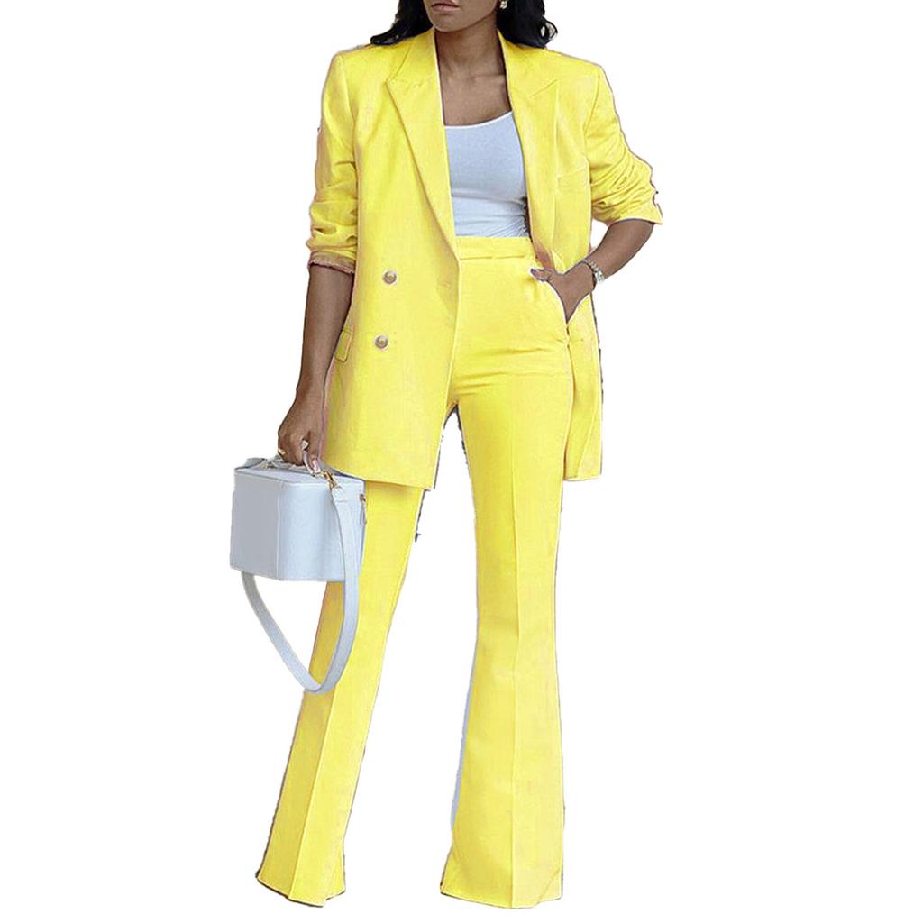 Women 2 Pieces Suit Plain Color Wide Leg Trousers Turn Down Collar 2 Pieces Long Pants Suit for
