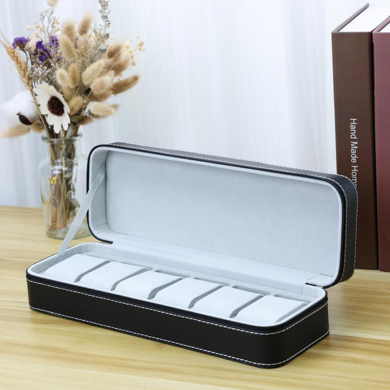In-Stock Black Ostrich Pattern PU Leather Watch Storage Box with Dustproof Zipper Bag