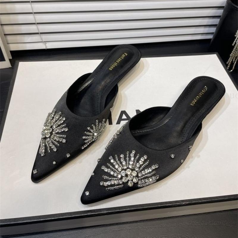 Luxury Crystal Women Mules Shoes Pointed Toe Heeled Sandals Sexy Slippers 2025 Summer New Trend Slingback Party Shoes Zapatillas