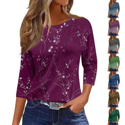 Damenmode, lässig, Rundhalsausschnitt, 3/4-Ärmel, lockeres bedrucktes T-Shirt, Damen-Top