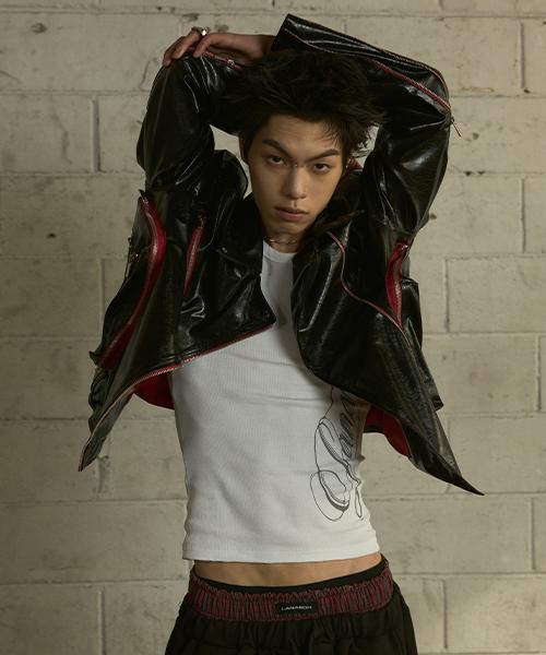 Lanarchive [0120] Glossy Leather Rider Jacket - Black