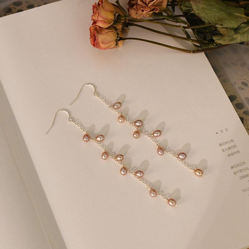 Freshwater Pearl Silver Fringed Long Earrings Fairy Round Face Thin Sweet Temperament Versatile Fashion Earrings