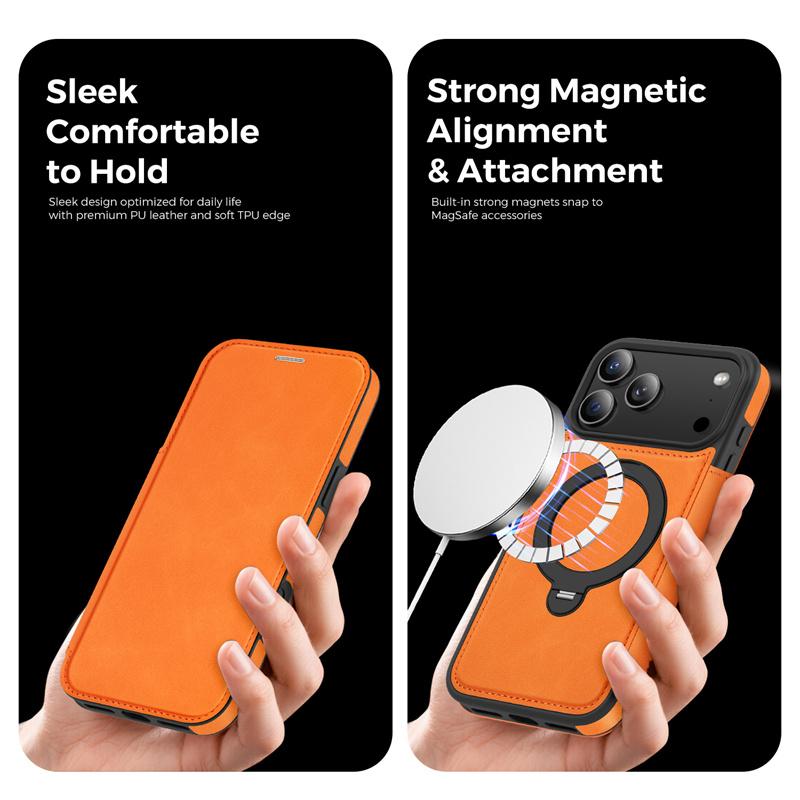 luxury PU Leather Card Wallet Flip Case For iPhone 12 13 14 15 16 17 Pro Max Magnetic Magsafe 360 Rotat Metal Ring Bracket Cover