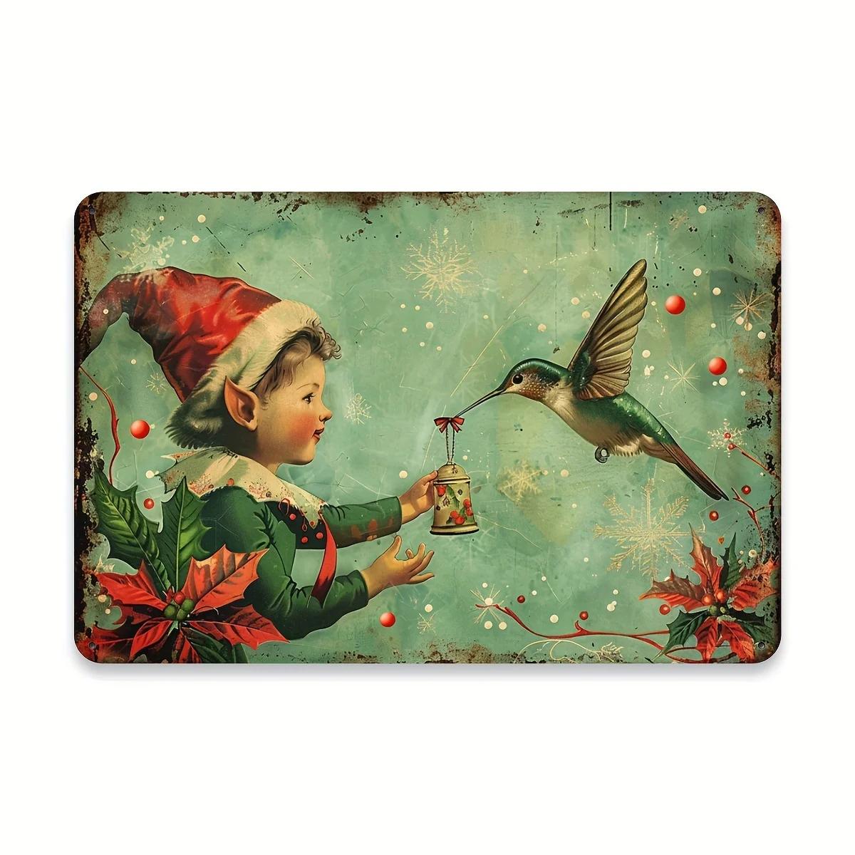 Vintage Christmas Elf Hummingbird Metal Tin Sign Iron Wall Art for Home Gym Cafe Garage Decor 20x30cm(7.8x11.8inch)