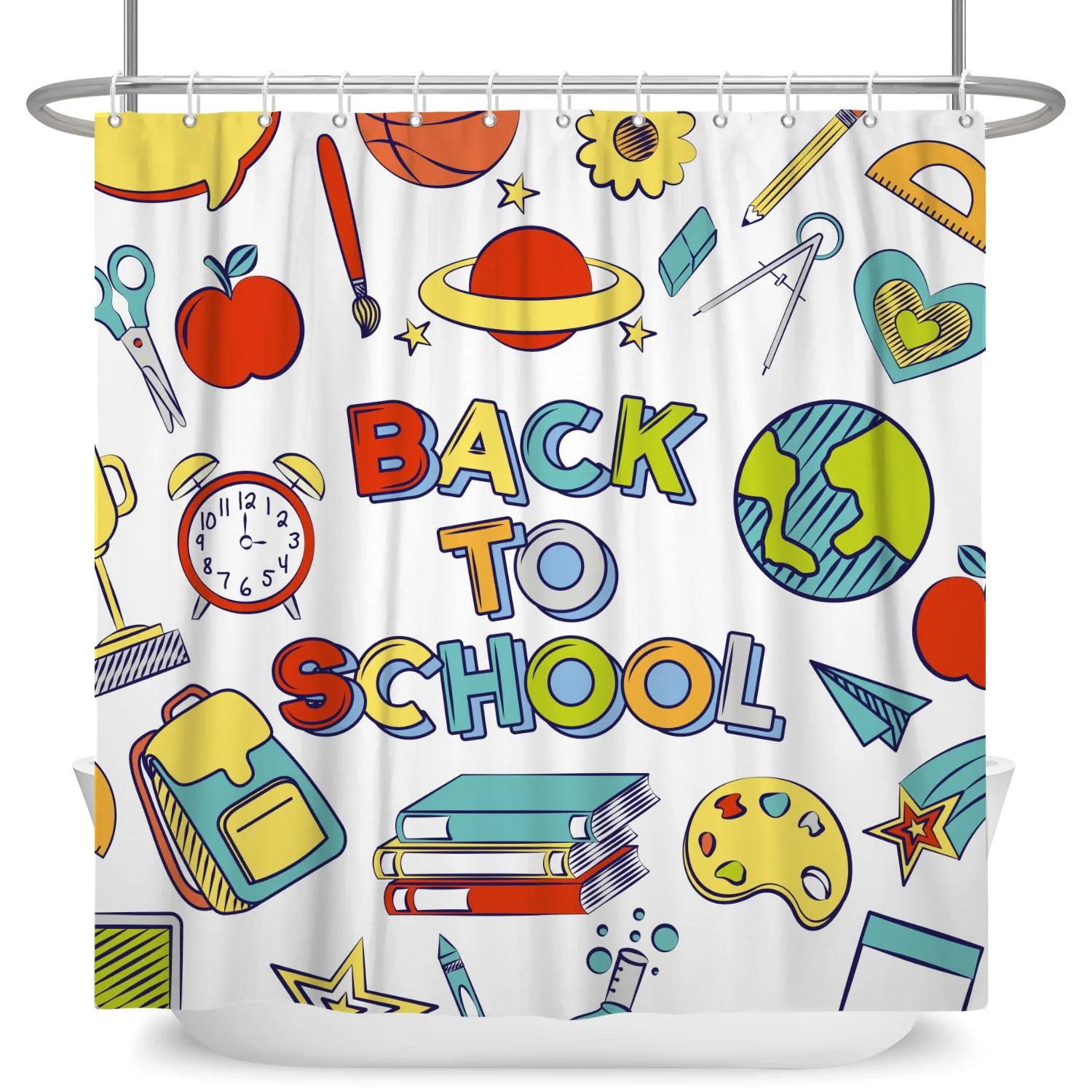 

Back To School Shower Curtain Backpack Clock Globe Black Blackboard Pencil Bath Partition Waterproof Hanging Curtain With Hooks W90xH180cm