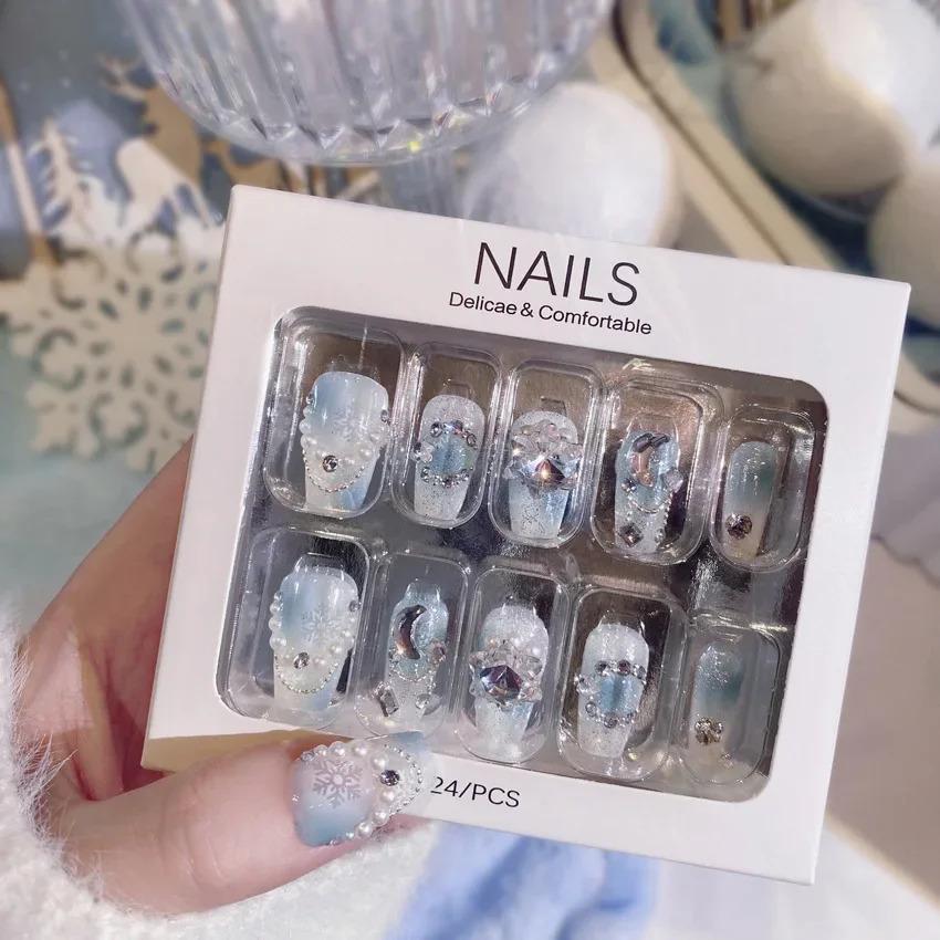 White Blue Color 3D Rabbit Star Rhinestone Designs-Full Cover Acrylic False Nails for Women and Girls Detachable Long Fake Nails
