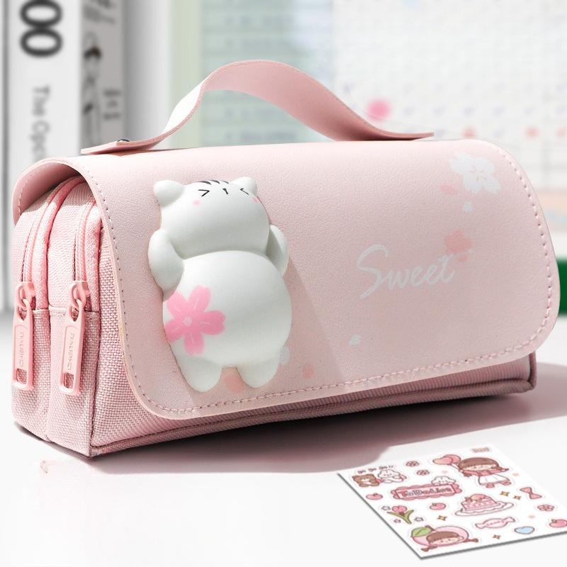 1Pc Cute Cat Decompression Pencil Case Big Pencil Box Portable Girls Pen Bag Double Layer School Pouch Kawaii Stationery