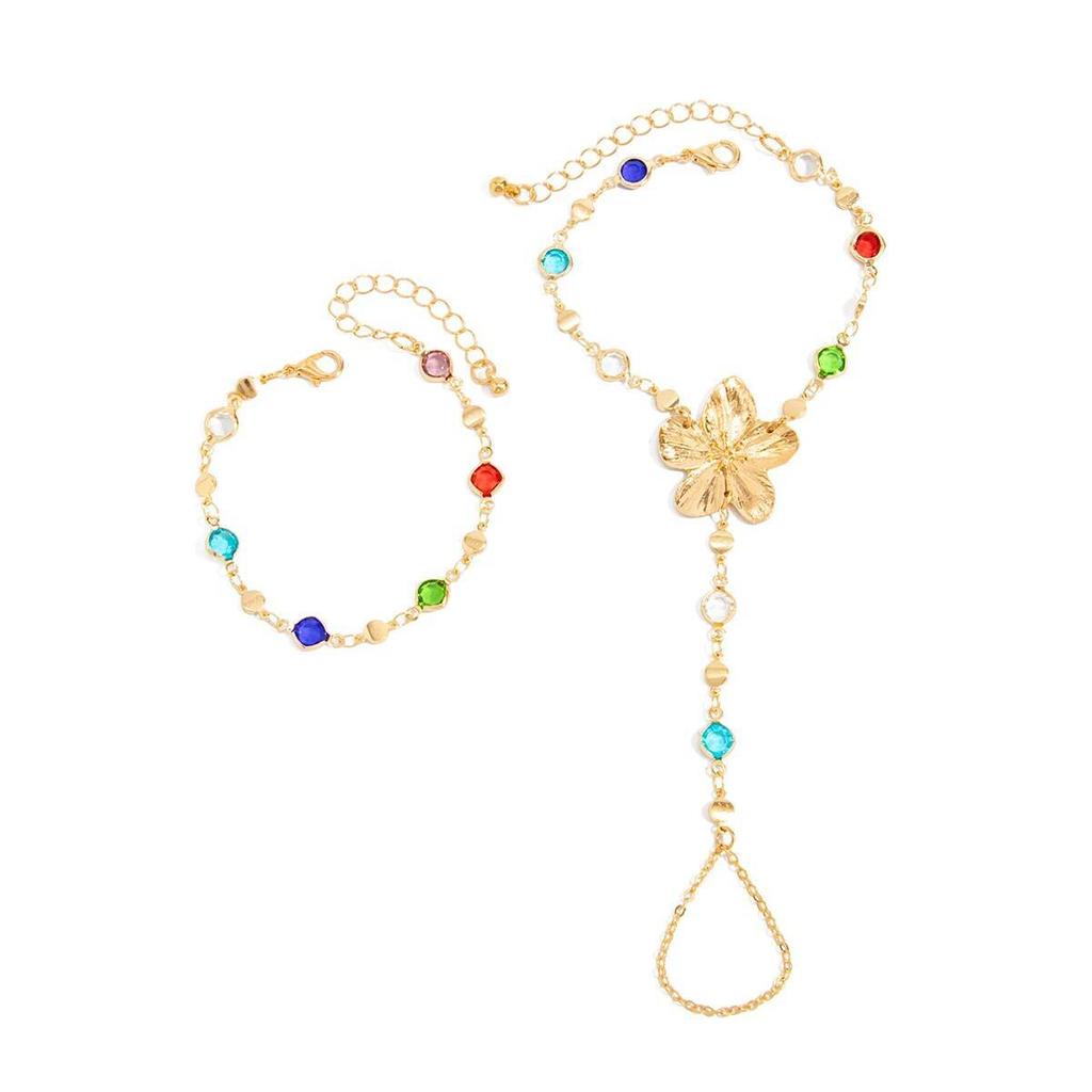 SHIXIN Trendy Colorful Crystal Long Y-Shaped Necklace Metal Flower Bracelet Collarbone Chain Summer Party Bohemian Jewelry Set