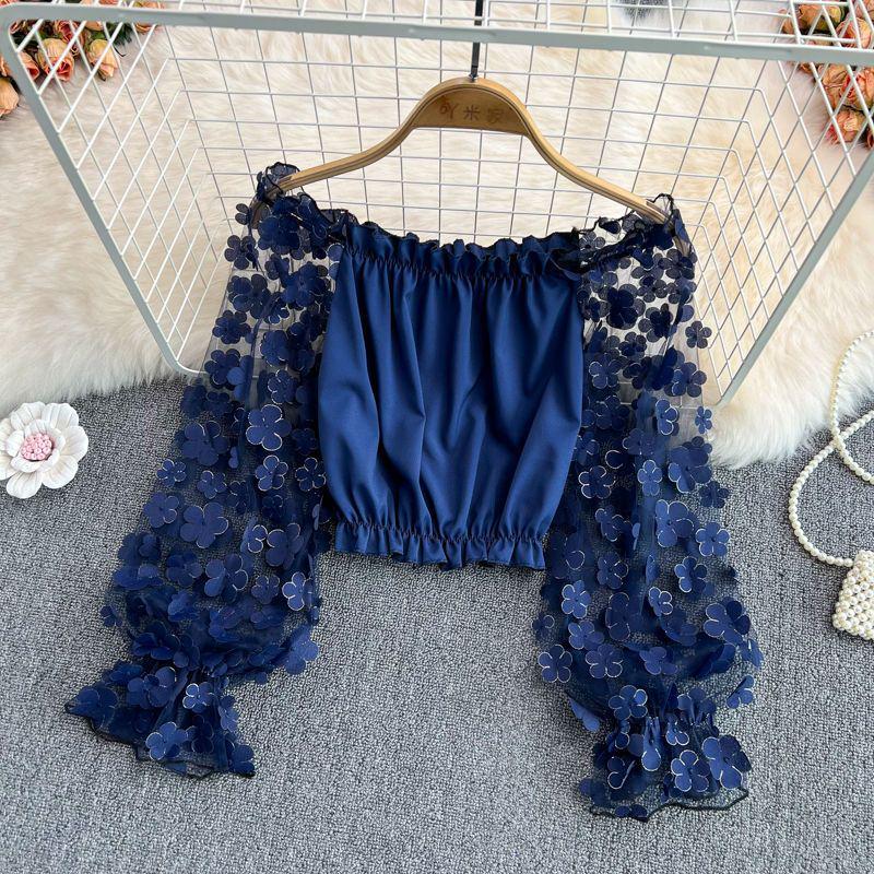 Top da Donna Elegante Monospalla in Chiffon a Rete Floreale 3D - Ampio, Modellante in Vita e Off-the-Shoulder per l'Estate