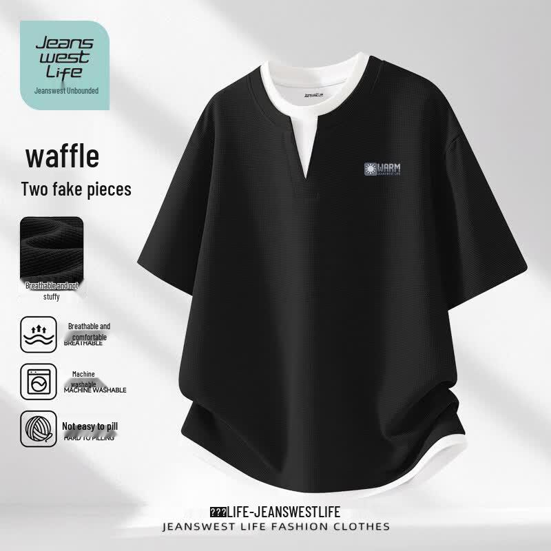 JEANSWEST LIFE Unisex Retro Waffle Texture Short Sleeve T-Shirt M