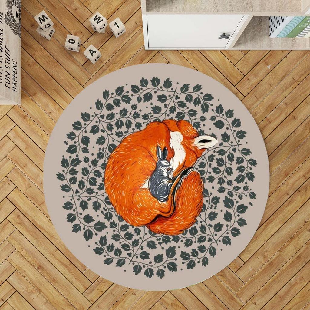 Cartoon Fox Playmat Animal Round Rug Cute Little Koala Round Rug for Kids Room Rug, Nursery Rug, Star Elephant Non Slip Circle Rugs
