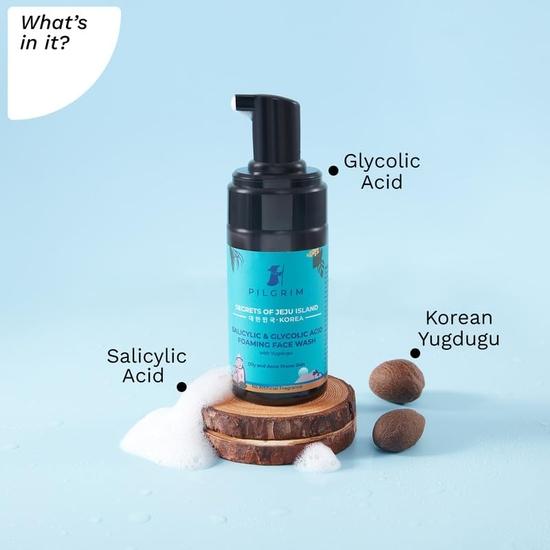 Pilgrim Korean 1,5% Salicylsäure(Bha) & 2 % Glykolsäure(Aha) Schäumendes Gesichtswaschmittel für fettige und zu Akne neigende Haut | Glykol | 120 ml + 120 ml (2er-PACK)