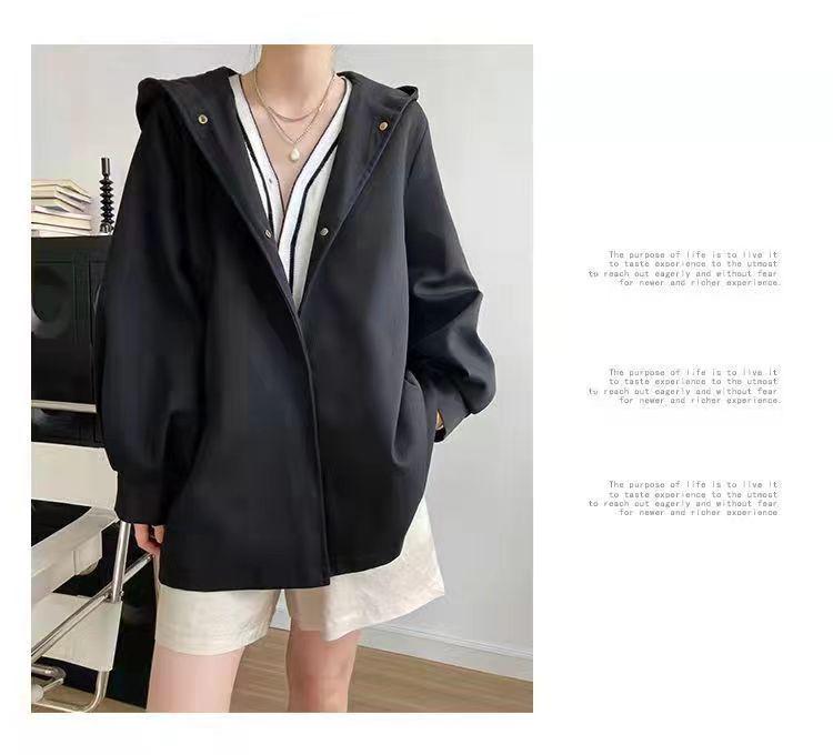 Women's Korean Chic Hooded Trench Coat with Lantern Sleeves - Spring & Autumn Casual British Style