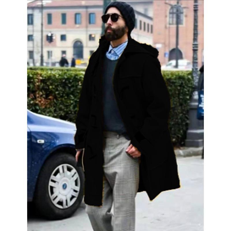 Woolen Coat Men's Horn Buckle Thickened Hooded Jacket New Product