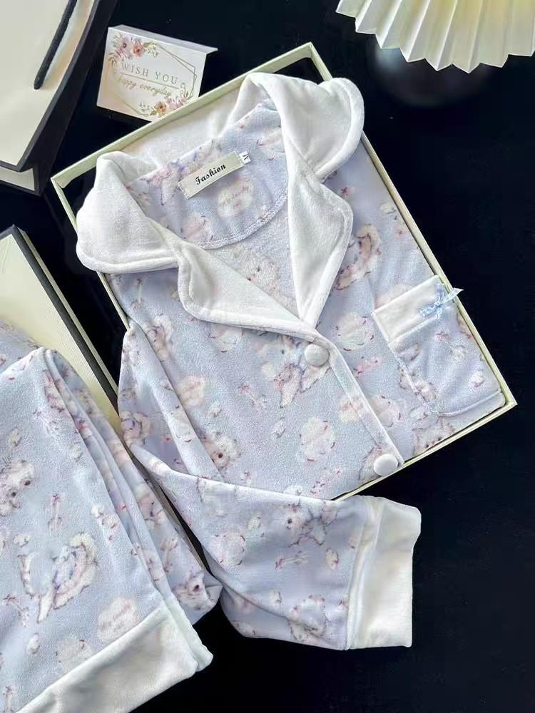 Women's Cartoon Dog Sea Island Cotton Pajama Set - Long Sleeve, Loose, Plus Size Homewear