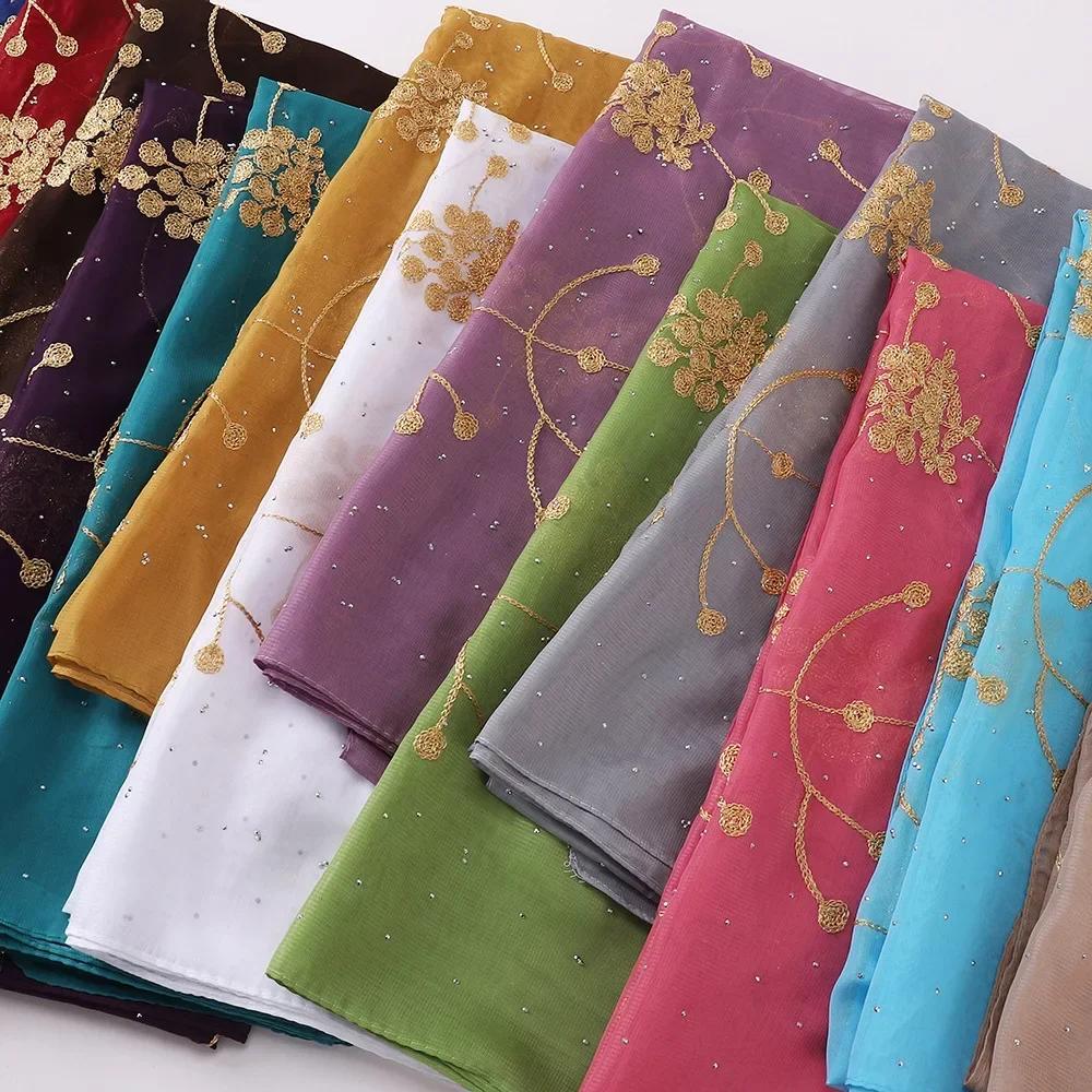New Embroidered Diamond Chiffon Hijab Scarf Women Luxury Soft Plain Shawl For Women Muslim Hijabs For Women Turban Femme Bandana