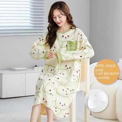 2023 Women's Long-Sleeve Cotton Nightdress with Chest Pads - Lightweight Pajamas for Fall, Spring, and Winter