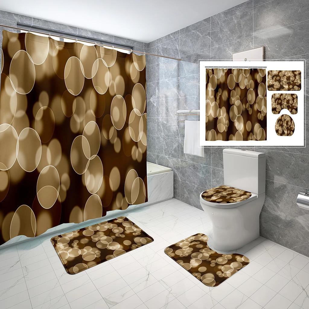 4 Sets Circles Geometry Shower Curtain Sets With Non-Slip Bath Mat,Toilet Lid Cover And Warm Color Pattern Shower Curtain Sets