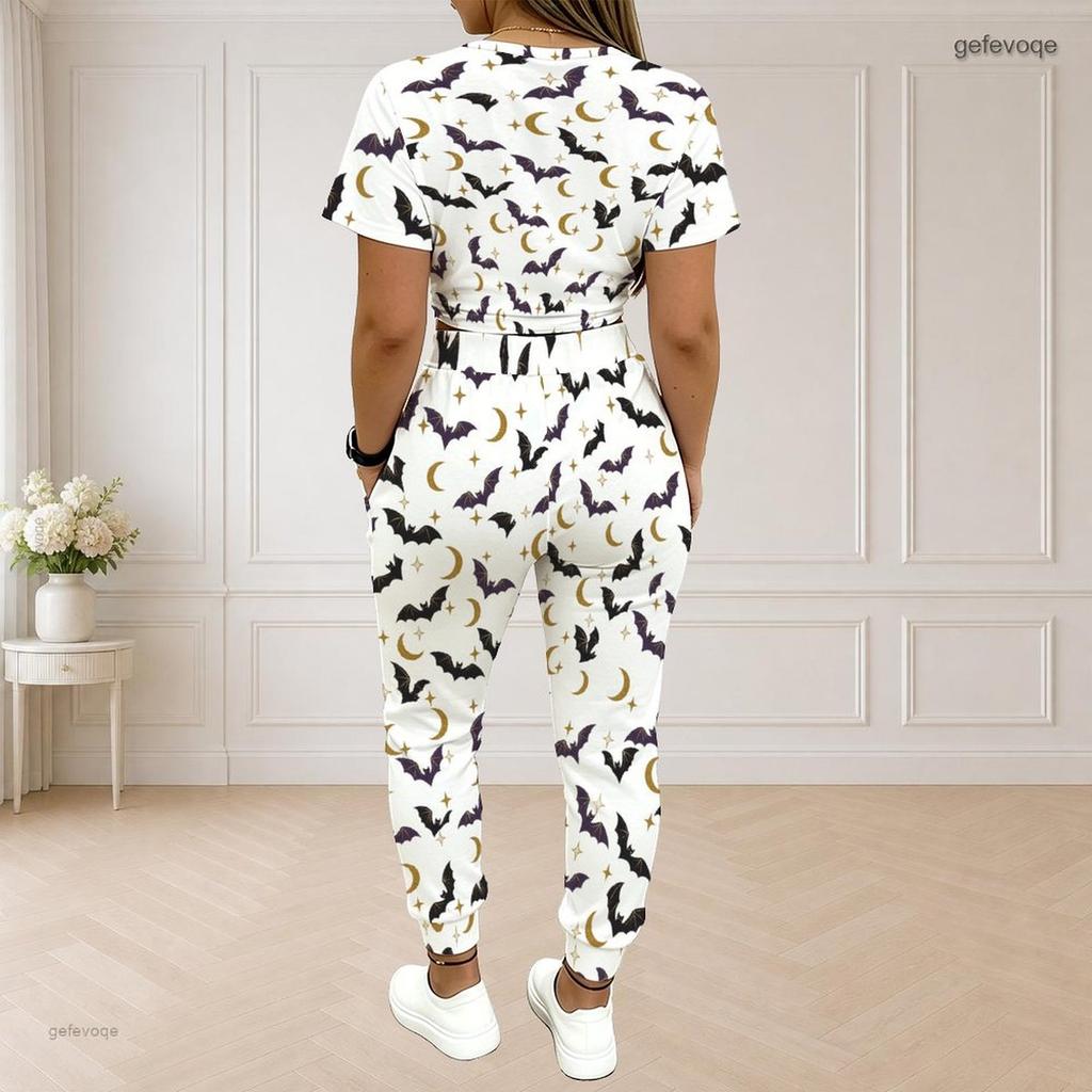 Women Plus Size Two Piece Set Round Neck Short Sleeve White Printed Crop Top Drawstring Cuffed Pants With Pockets