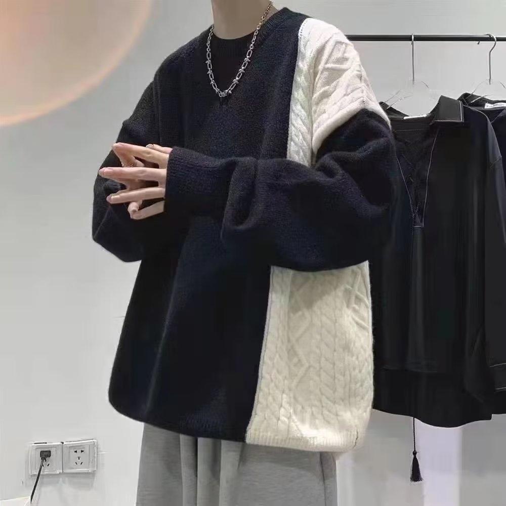 

Long-sleeved Sweater Men s Crew Neck Autumn and Winter Trendy Brand Loose and Lazy Color Matching Twist Splicing Knitted Sweater Design Jacket 3XL чорний