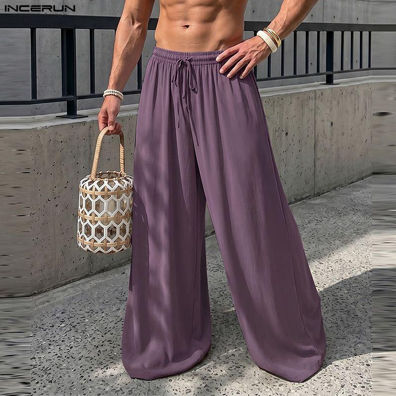 INCERUN Men Drawstring Elastic Waist Thin Casual Loose Long Wide Leg Pants Trousers