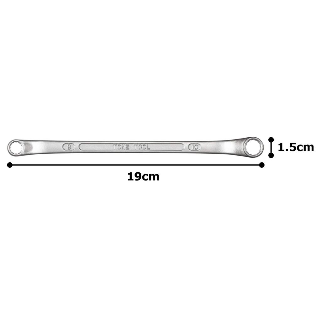 TONE Long Mechanic Open End Wrench x 8mm x 10mm Flats (45° 10°), M44-0810,