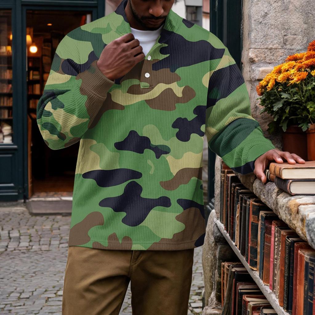 Men's Vintage Corduroy Printed Quarter-Zip Pullover with Stand Collar and Pocket, Long Sleeve Casual Top